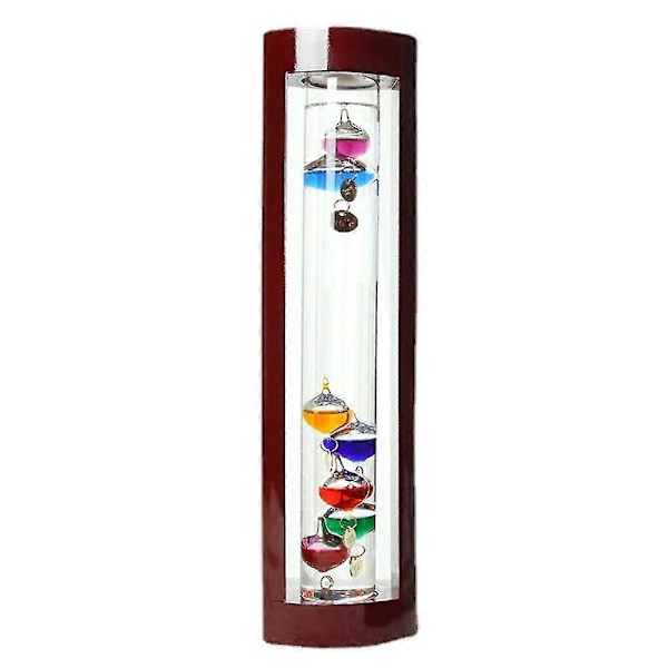 Glass Galileo-termometer, et design med flerfargede kuler i en kirsebær-farget tre-ramme