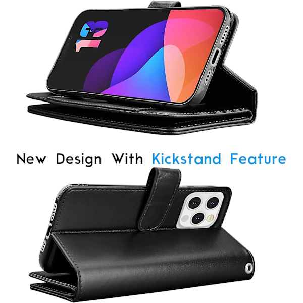 Lompakkokotelo iPhone 13 Pro Max (6,7 tuumaa) 2021 -mallille, ylellinen ID-kortti, käteiskorttipaikkojen pidike, kantolaukku, folio, läppä, PU-nahka - Musta