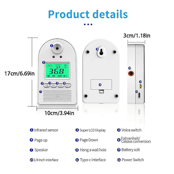 Digitalt infrarødt pandetermometer med smart sensor, automatisk stemmeudsendelse, kontaktfri, simpel installation, temperaturmåler til kontor, skole B