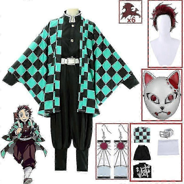 Demon Slayer Kimetsu No Yaiba Tanjirou Kamado Cosplay Kostyme Kimono Halloween Anime Uniform Sett For Voksne Barn SZZK 9 piece set M