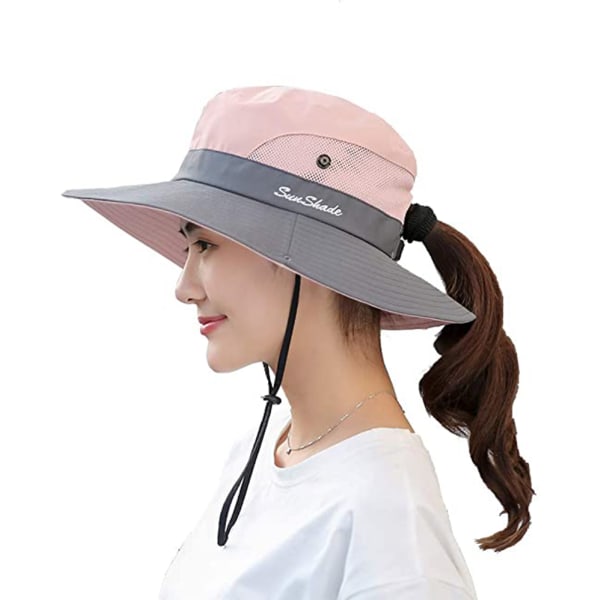 Womens UV Protection Wide Brim Sun Hats - Cooling Mesh Ponytail Hole Cap Foldable Travel Outdoor Fishing Hat（Leather Pink） Leather Pink