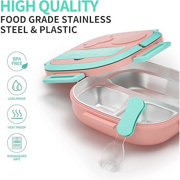 Matboks for Bento Boks Mat Rustfritt Stål 3-Rom Design Bærbart Håndtak Lekkasjesikker (Rosa)