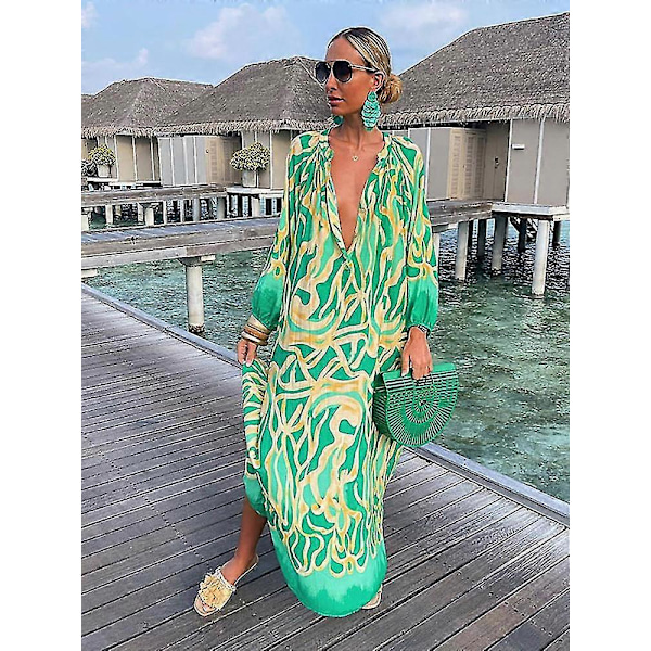 Dame Vintage Maxi Kjoler 2023 Sommer Sexet Dyb V-hals Langærmet Boho Print Lange Kjoler Kvinde Strand Cover Up Elegant Robe