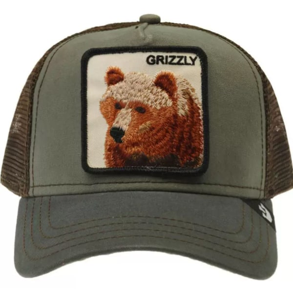 Broderet Mesh Hat med Dyreprint - Snapback - Brun Bjørn Army Grøn