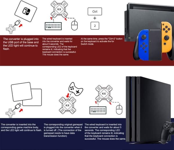 Kompatibel med NS/PS5/PS4/PS3/X konsoller, tastatur- og museadapter