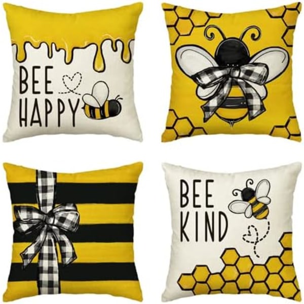 Bee Happy Bee Kind Prydnadskuddar, 45 x 45 cm Honung och Bi Sommar Kuddfodral Dekoration för Soffa Soffgrupp Set om 4