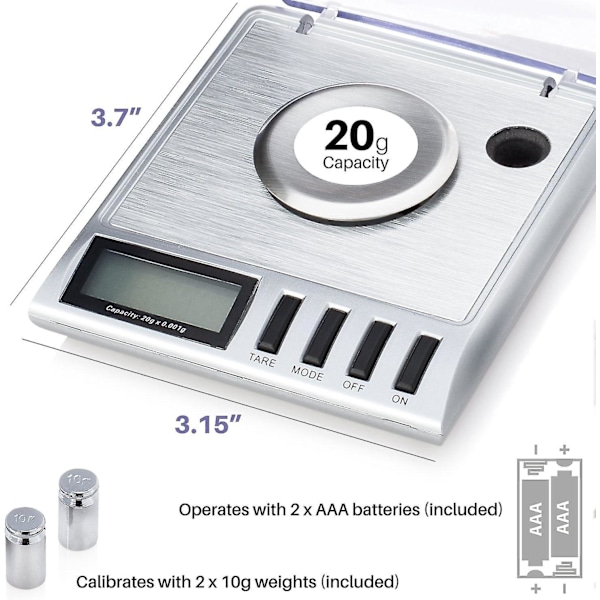 Smart Weigh Gem20-20g X 0,001 grammaa, erittäin tarkka digitaalinen milligramma koruvaaka, uudelleenladattava, koru- ja jalokivivaaka, kalibrointipainot ja pinsetit