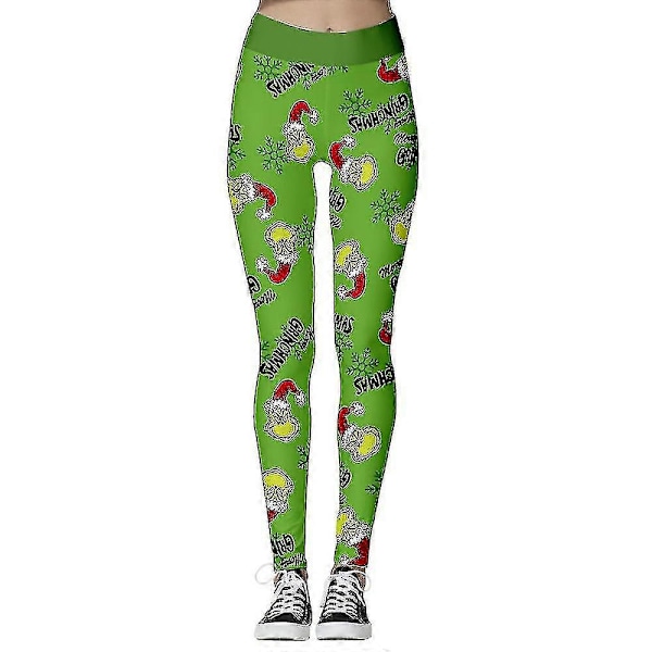 Naisten joulu The Grinch lumihiutale painetut korkeavyötäröiset leggingsit housut XL A