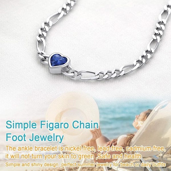 Dame Ankelkæde, Sterling Sølv 3mm Diamantslebet, Kæde med Hjerte/Rund Fødselssten, Længde 8,5-10,5\", Cubic Zirconia, Blå (Hjerte)