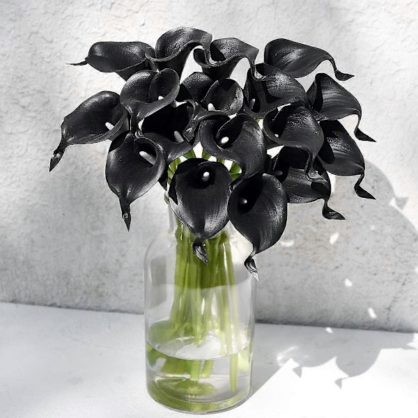 10 stjälkar Real Touch Calla Liljor Konstgjord Blombukett, Perfekt för Bröllop, Brud, Fest, Hemmakontor Dekor DIY (Svart)