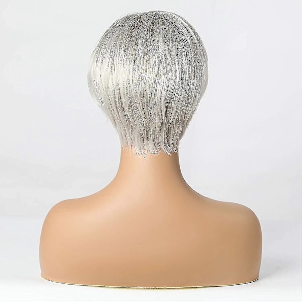 Kort Silvergrå Hårförlängning av Människohår för Kvinnor, Naturlig Pixie Cut Peruk, Lättviktig/Andningsbar/Mjuk (färg 101)
