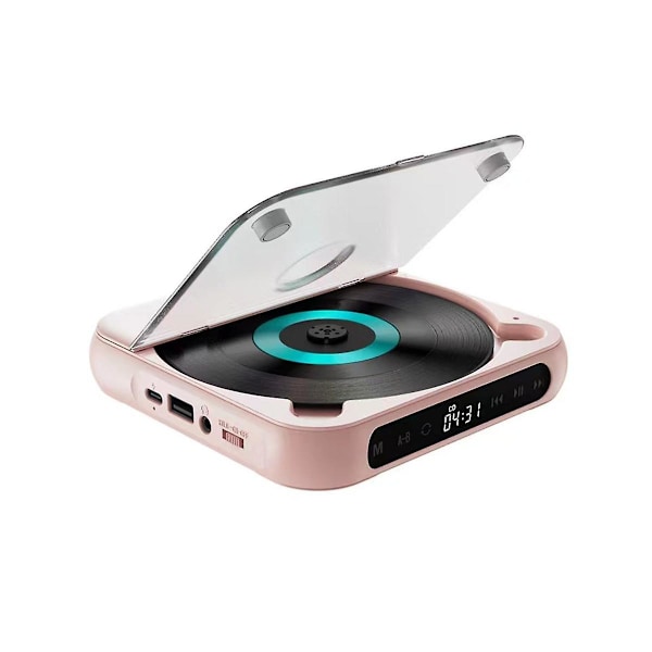 Bärbar CD-spelare, Bluetooth-högtalare, LED-display, Stereospelare, Väggmonterbar CD-musikspelare med FM-radio - Rosa