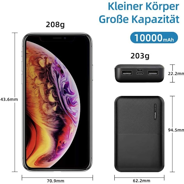 Bærbar powerbank oplader 10000mAh, eksternt batteri med høj kapacitet 2.4 A 2 porte med USB (10000mah)