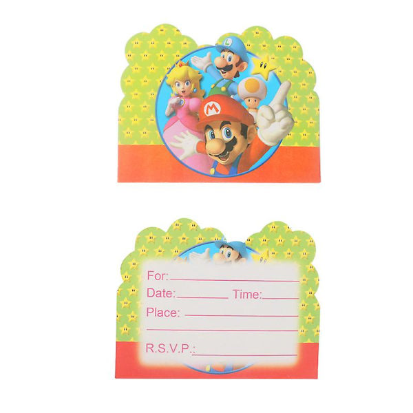 Super Mario Party Dekoration Baby Shower Födelsedagsservis Tillbehör Papperskopp Bordsduk Antal Ballong Tårta Toppers Bakgrund invite cards 10pcs