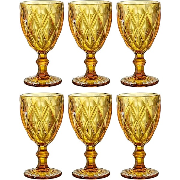 Färgade vinglas, glasbägare, vintagemönster präglade, färgade glasdricksglasset, set om 6, bärnsten