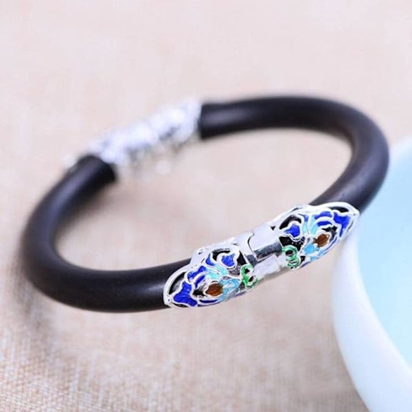 Vintage Armband 925 Sterling Silver Armband Smycken Ebenholts Cloisonne Dam Clip Armband, Armband