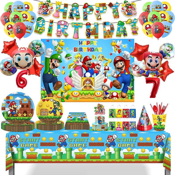Super Mario Party Dekoration Baby Shower Födelsedagsservis Tillbehör Papperskopp Bordsduk Antal Ballong Tårta Toppers Bakgrund mix gift bags 8pcs