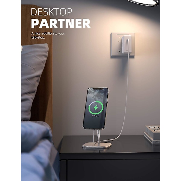 Telefonställ för MagSafe-laddare - Justerbar laddningshållare i aluminium, dockningsstation för skrivbord med 360° rotation, kompatibel med Apple iPhone 15 14 Plus 13 12