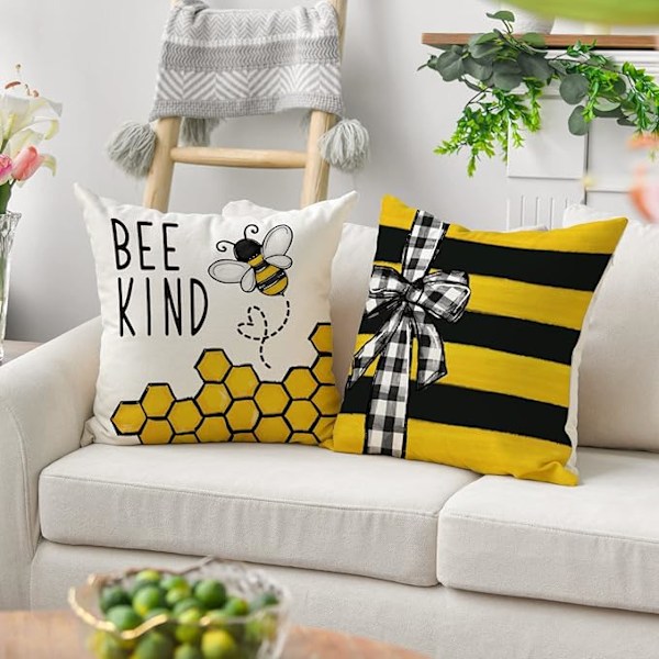 Bee Happy Bee Kind Prydnadskuddar, 45 x 45 cm Honung och Bi Sommar Kuddfodral Dekoration för Soffa Soffgrupp Set om 4