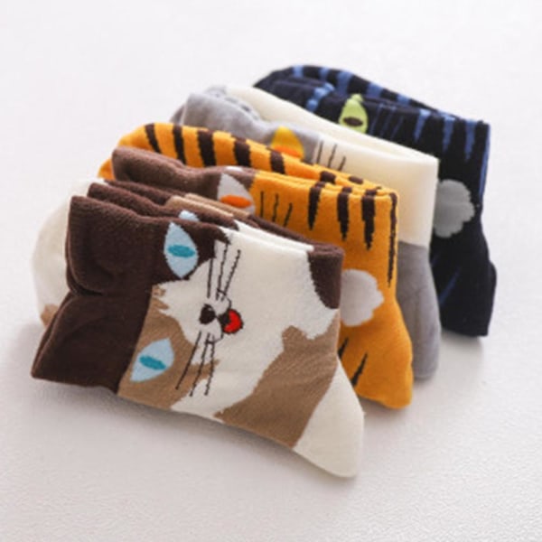 Sjove sokker i bomuld til drenge og piger - tegneseriesneakerstrømper med dyremønstre, 4 par