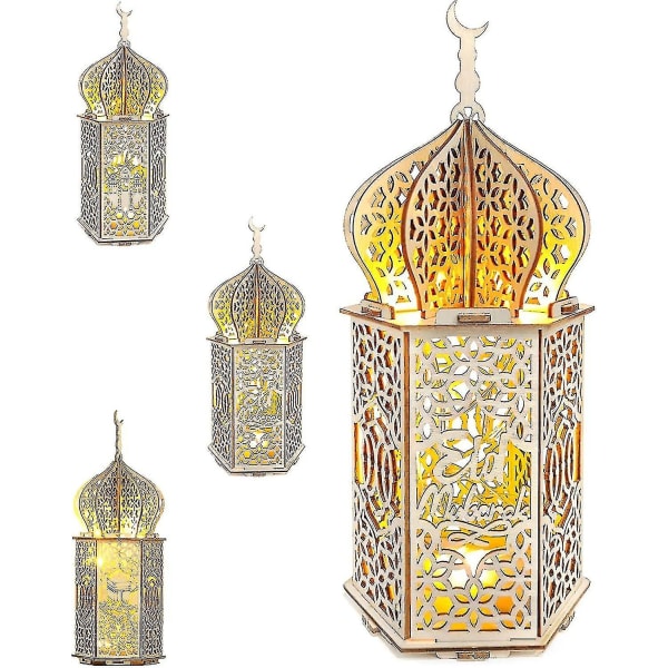 3 stycken DIY Ramadan trälampor dekorationer, Mubarak Ramadan led lampa för ramadan dekorationer