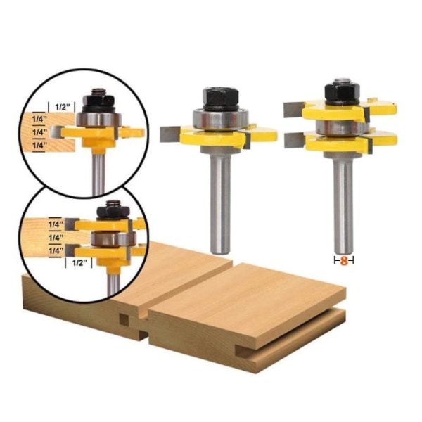 Spår- och set 3 räfflor 8 mm skaft T-form trä försänkt fräsfräs träbearbetningsverktyg
