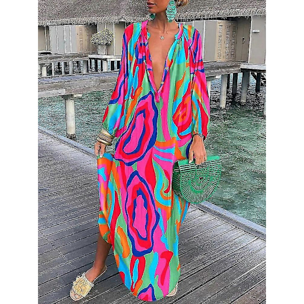 Dame Vintage Maxi Kjoler 2023 Sommer Sexet Dyb V-hals Langærmet Boho Print Lange Kjoler Kvinde Strand Cover Up Elegant Robe