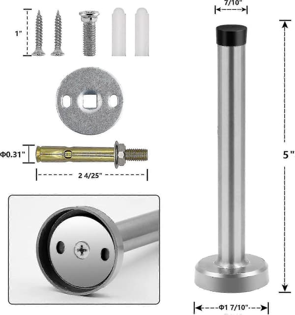 Dørstoppere, 15 cm lang dørstopper, veggmontering, kraftig solid svart dørstopper børstet rustfritt stål med myke gummistøtfangertupper Silver 5 Inch*2