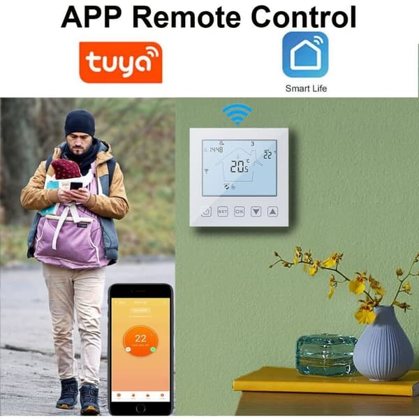 WiFi Termostat til Gaskedel/Vandgulvvarme, 3A, Kompatibel med Alexa og Google Home, Programmerbar, Hvid
