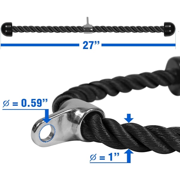 Deluxe Triceps Tau Kabel Feste, 27 tommer med, Treningsmaskin Tilbehør Trinse System Gym Nedtrekkstau med Karabinkrok