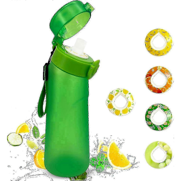 Luftvandflaske med 5 smagspods, 750ml Sportsluftvandflaske med sugerør, lækagesikre drikkeflasker med frugtig duft til udendørs træning ( Frosted Green
