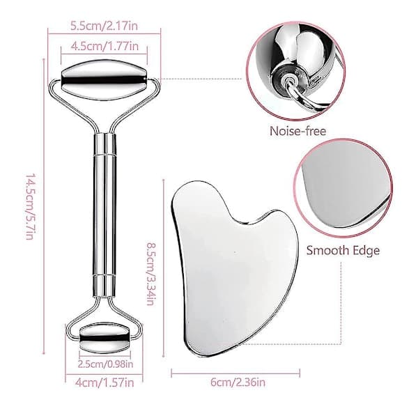 Gua sha sæt i rustfrit stål og ansigtsmassage roller, egnet til ansigts-, øjen- og nakkemassage.