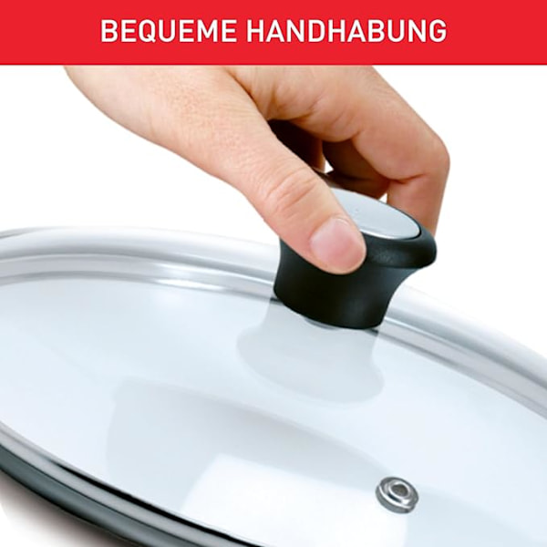 Glaslåg 28 cm, rustfri stålramme, tåler opvaskemaskine, dampventil, termoplastiske håndtag