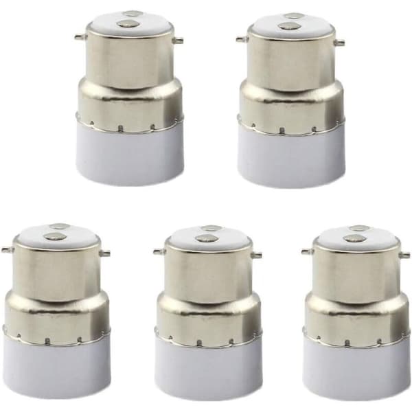5-pakning B22 til E14-adaptere – PVC-sokkelomformere – For halogen-, LED- og CFL-pærer – Enkel installasjon