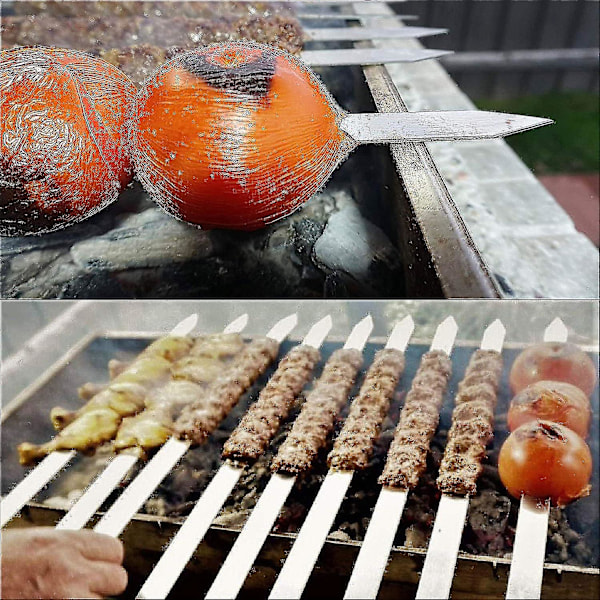 50 cm lange grillspyd, grillspyd i tre med håndtak, sett med 8 grillspyd, flate gjenbrukbare metallspyd for grillfest