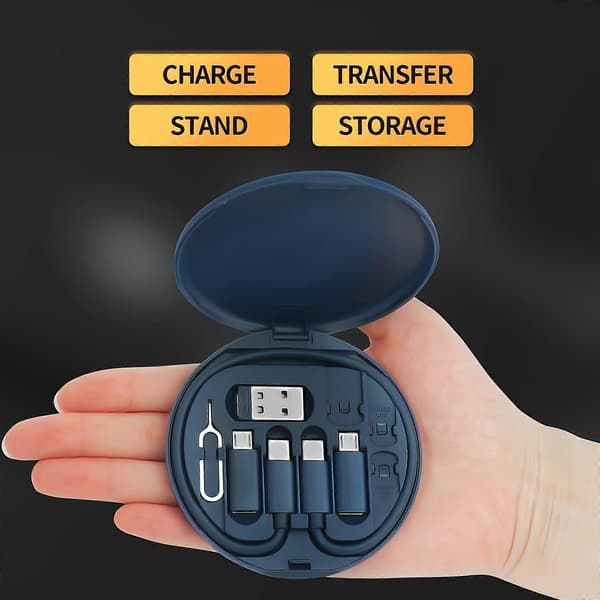 Multi USB Laddningsadapter Kabelkit, USB C Konverteringsset USB A & Typ C Till Hane Micro/Typ C/Lightning, Dataöverföring, Kortförvaring, SIM-kort Nål, Navy Blue