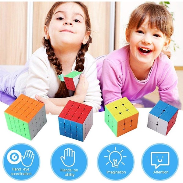 Speed Cube -setti, 2x2 3x3 4x4 5x5 Tarraton Speed Cube -paketti - Kirkas Magic Cube -pakkaus, Sileä Cube-palapeli lahjapakkauksella - 4 kpl - -