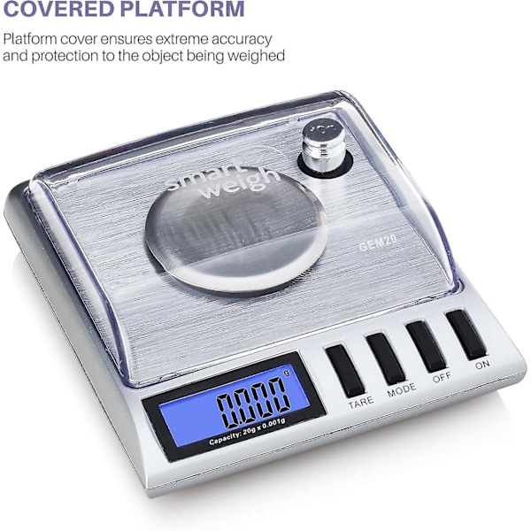 Smart Weigh Gem20-20g X 0,001 Gram, Högprecisions Digital Milligram Smyckesvåg, Återladdningsbar, Smyckes- & Ädelstensvåg, Kalibreringsvikter & Pincetter