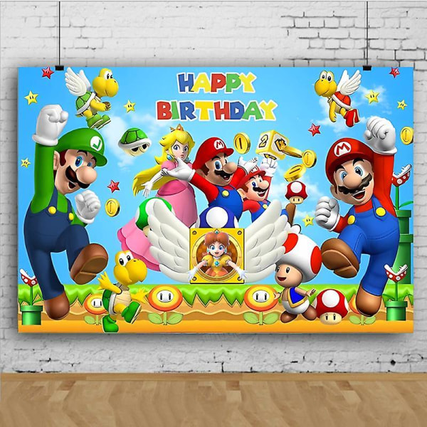 Super Mario Party Dekoration Baby Shower Födelsedagsservis Tillbehör Papperskopp Bordsduk Antal Ballong Tårta Toppers Bakgrund Backdrop-120x80cm