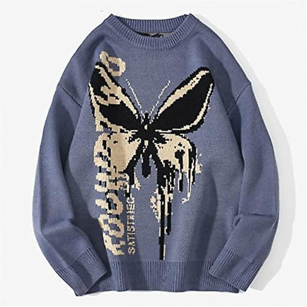 Dame sweater Butterfly Jacquard Løs Casual Pullover Blue XL