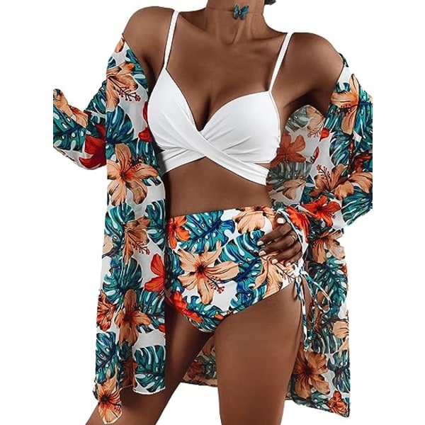 Blomster tropisk badedragt med høj talje med strandkimono-overtræk 3-delt badetøj polstret bikini-badedragtsæt (M Multi Color M