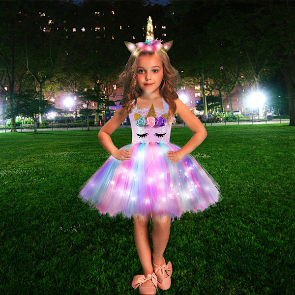 Børnepige Unicorn Kostume LED Lys Tutu + Pandebånd Kostume Sæt Cosplay Karneval Fødselsdagsfest 6T