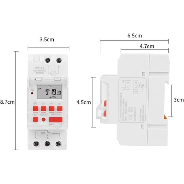 Digital timer til 30A elvandvarmer – LCD-display – 16 ON/OFF cyklusprogrammering – 35mm DIN-skinne – 220-240V