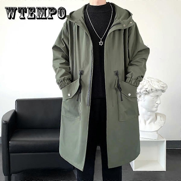 Vandtæt forårsjakke til mænd med hætte, vindjakke, ensfarvet trendfrakke, afslappet løs komfortabel parka lang L army green