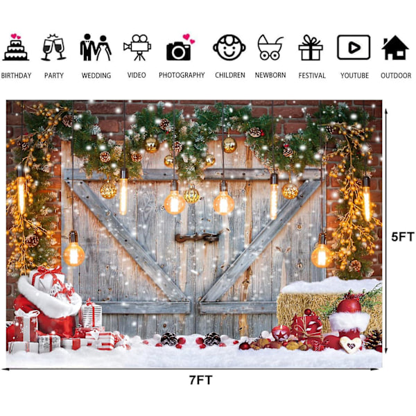 7x5ft Jul Fotobakgrund Jul Ladugårdsdörr Bakgrunder Vinter Snöskog Julgran Barnfotografering Fotostudio Bås Dekor Rekvisita