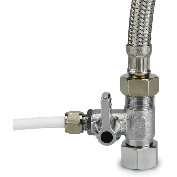 3/8 x 3/8 x 1/4 T-adapter stopventil – Forkromet messing – 1/4\" kompressionsfitting til plastslange – Nem installation