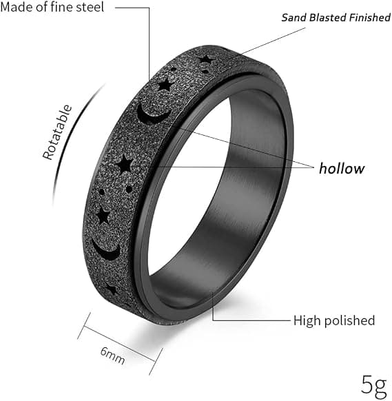 Titanium rustfritt stål spinnerringer Måne- og stjernefidgetring Stresslindrende angstring Forlovelsesbryllupsløftebånd for kvinner menn størrelse 5-12