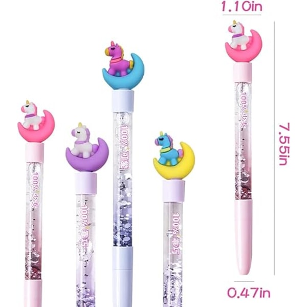 4 st Söta Enhörningspennor Set med Skrivmaterial, Flerfärgad Glitter Flytande Sandpenna för Flickor Pojkar Barn Presenter, Svart Bläck, (0,5 mm)