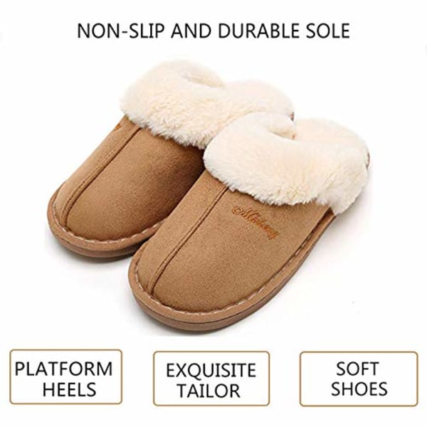 Dame Hjemmesko Dame Vinter Varm Memory Foam Fluffy Slip-on House Ruskind Pels Foret/Anti-skrid sål, Hjemmesko indendørs og udendørs Ljusbrun 260（38/39）