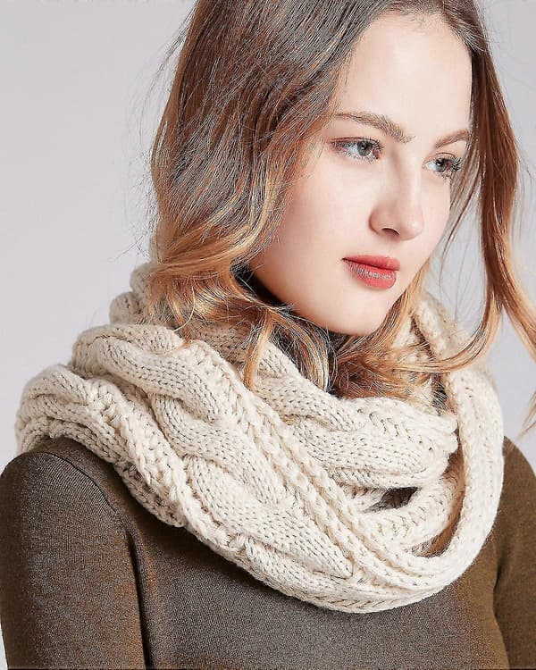 Damers Tykk Ribbestrikket Vinter Infinity Circle Loop Skjerf Premium Twist Khaki